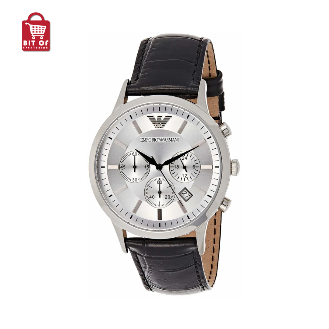 Emporio Armani Classic Chronograph Silver Dial Black Leather Strap Watch For Men