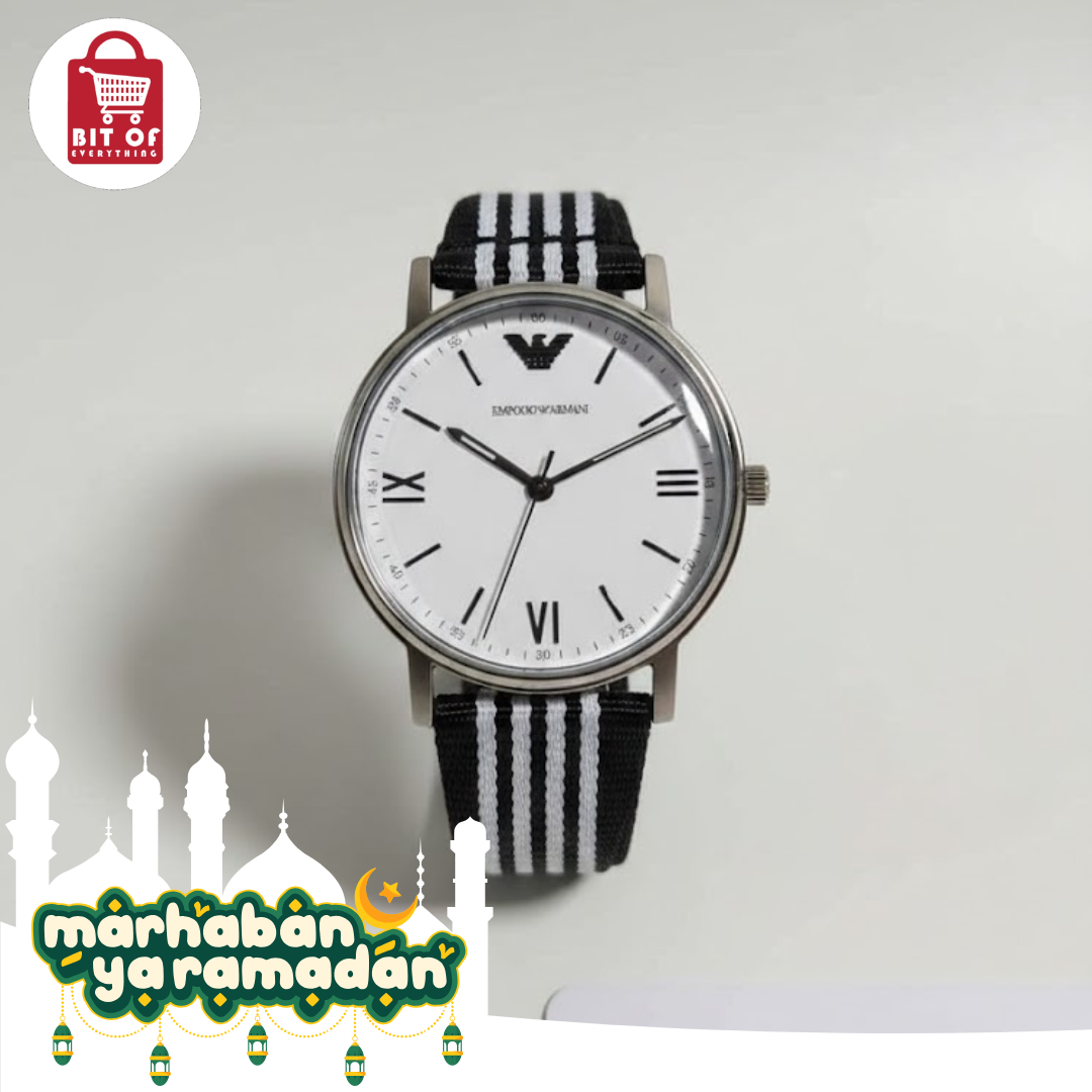 Emporio Armani Classic White Dial Watch with Black & White Striped Fabric Strap