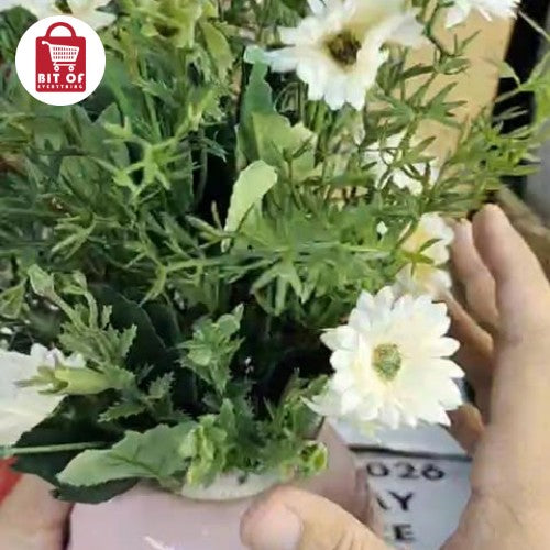 Elegant Ribbed Ceramic Vase with Artificial Rosebud Bouquet - Modern Home Decor Centerpiece