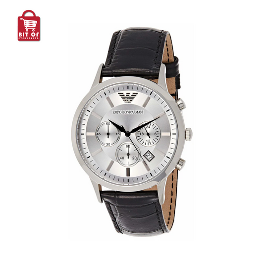 Emporio Armani Classic Chronograph Silver Dial Black Leather Strap Watch For Men