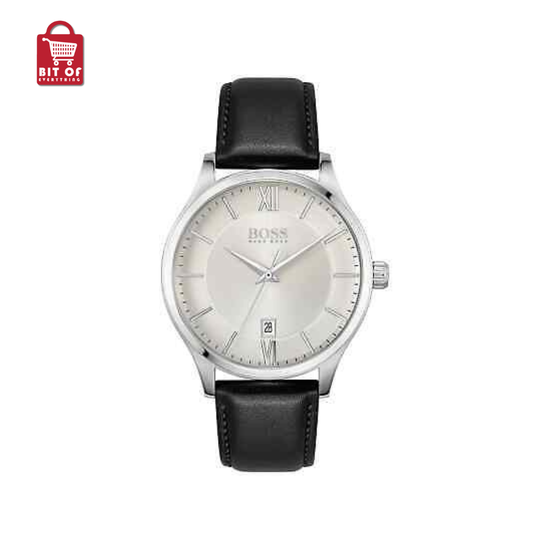 HUGO BOSS Men's Elite Black Leather Strap Watch 41mm - Silver