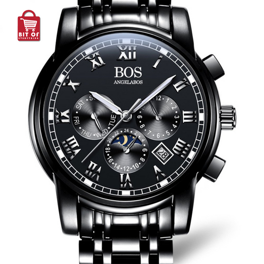 Bos Mens Quartz Analog Wrist Watch Chronograph Stainless Steel Black
