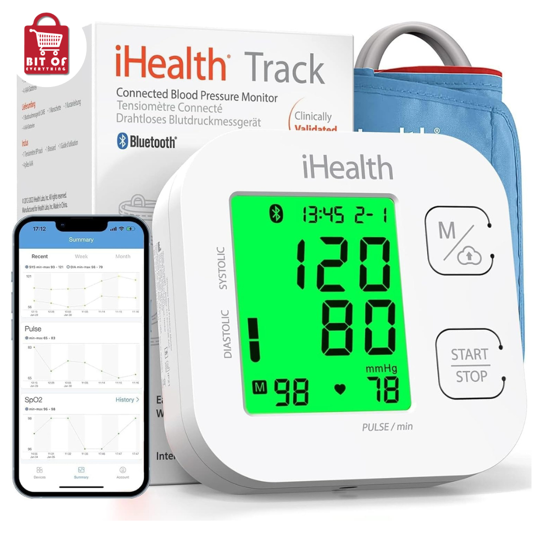 iHealth Track Smart Upper Arm Blood Pressure Monitor with Wide Range Cuff That fits Standard to Large Adult Arms, Bluetooth Compatible for iOS & Android Devices