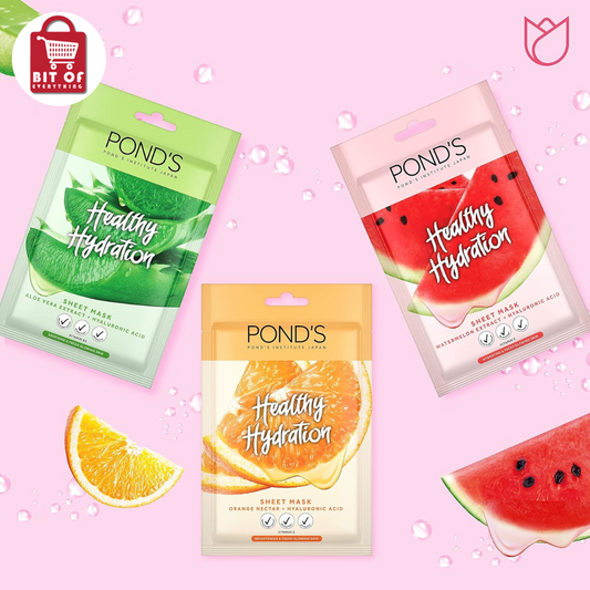 Pond's Healthy Hydration sheet mask collection, Aloe Vera 25ml, Orange Nectar 25ml and Watermelon 25ml, for up to 24hr hydration