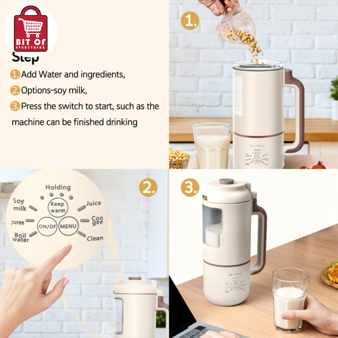 1000ml Portable Mini Soy Milk Maker with Filtering and Self-Cleaning – Perfect for 1-4 Person Households – Enjoy Fresh Soy Milk and Juices Anytime