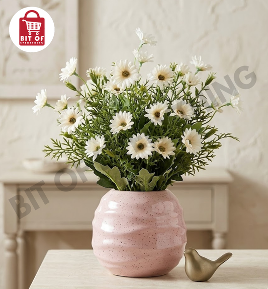 Elegant Ribbed Ceramic Vase with Artificial Rosebud Bouquet - Modern Home Decor Centerpiece