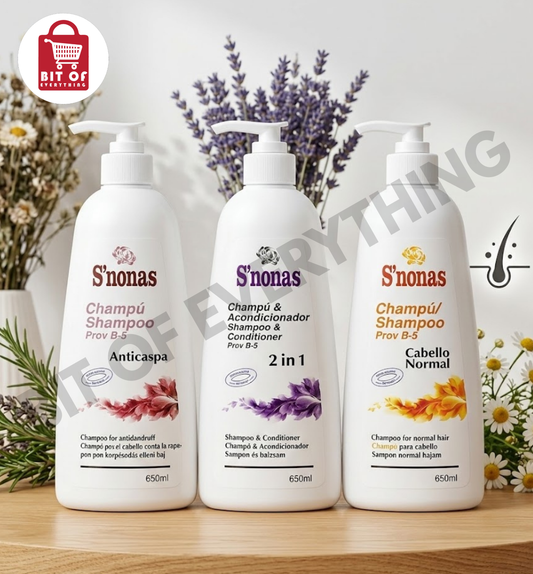 S'nonas Pro-Vitamin B5 Hair Care: Antidandruff, 2-in-1, and Normal Hair Shampoos (650ml) (EACH)