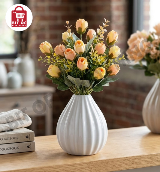 Elegant Ribbed Ceramic Vase with Artificial Rosebud Bouquet - Modern Home Decor Centerpiece