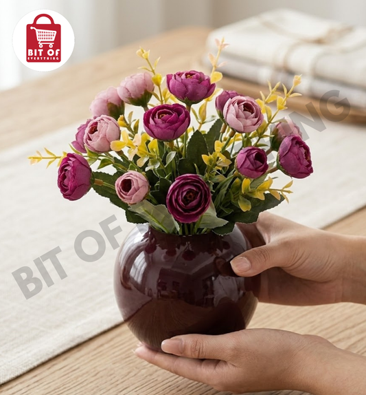 Elegant Ribbed Ceramic Vase with Artificial Rosebud Bouquet - Modern Home Decor Centerpiece