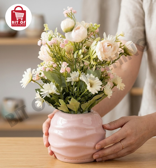 Elegant Ribbed Ceramic Vase with Artificial Rosebud Bouquet - Modern Home Decor Centerpiece