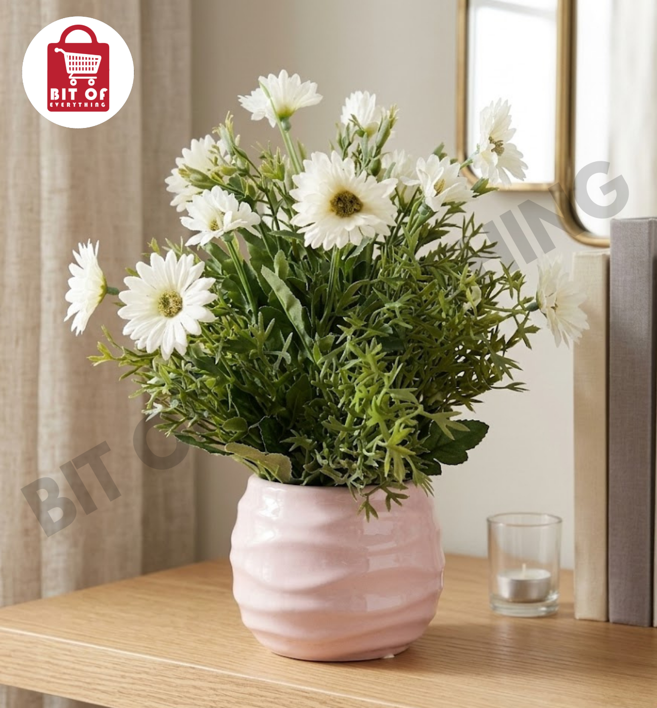 Elegant Ribbed Ceramic Vase with Artificial Rosebud Bouquet - Modern Home Decor Centerpiece