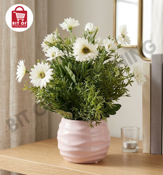 Elegant Ribbed Ceramic Vase with Artificial Rosebud Bouquet - Modern Home Decor Centerpiece