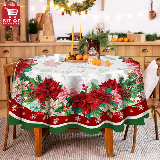 Round Tablecloth 70 inch, Red Flowers Poinsettia Christmas Decorations Round Tablecloth for Kitchen Dinning Table, Farmhouse Floral Christmas Decor Table Cloth for Holiday Party