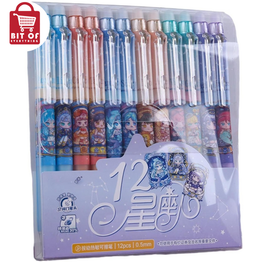 Joucien 12 Pieces/Box -0.5mm Cartoon Blue Erasable Neutral Pen, Push Type Thermal Erasable Neutral Pen-Blue -12 Pieces