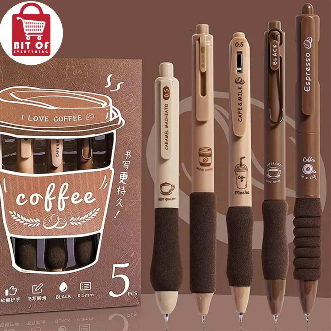 MOZXIRZ 5 Pcs Gel Pens Cute Coffee Pen Retractable Pens 0.5mm Black Ink Writing Pen Office School Supplies for Girls Boys Women Men (Coffee)