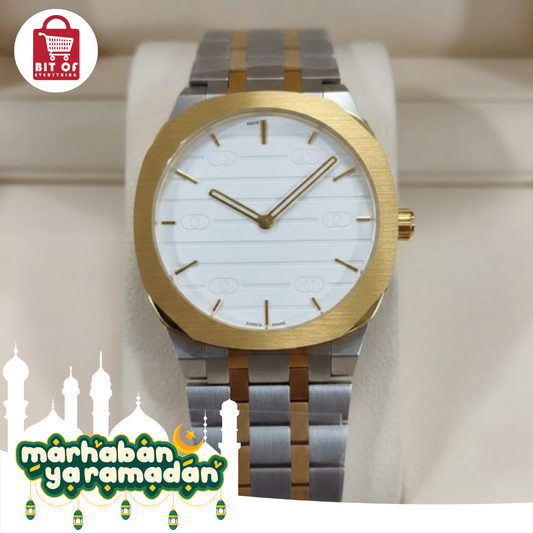 Luxurious Two-Tone Brushed Gold & Silver Octagonal Dial Watch