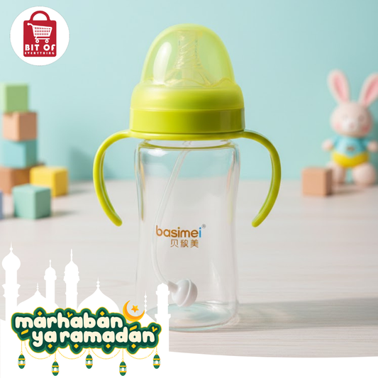 Basimei Anti-Colic Glass Baby Bottle with Easy-Grip Handles and Gravity Ball Straw