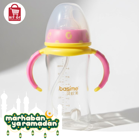 Basime Anti-Colic Baby Feeding Bottle with Easy-Grip Handles and Gravity Straw