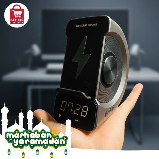 3-in-1 Wireless Charging Station with Bluetooth Speaker and Digital Alarm Clock