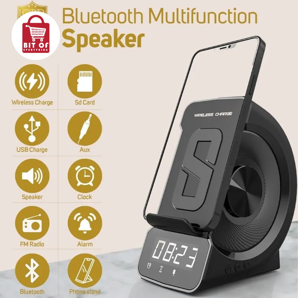 3-in-1 Wireless Charging Station with Bluetooth Speaker and Digital Alarm Clock