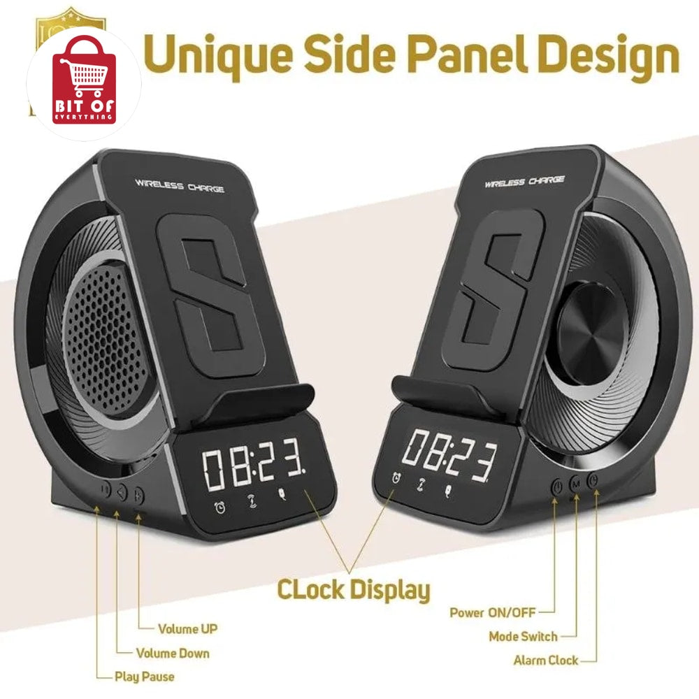 3-in-1 Wireless Charging Station with Bluetooth Speaker and Digital Alarm Clock