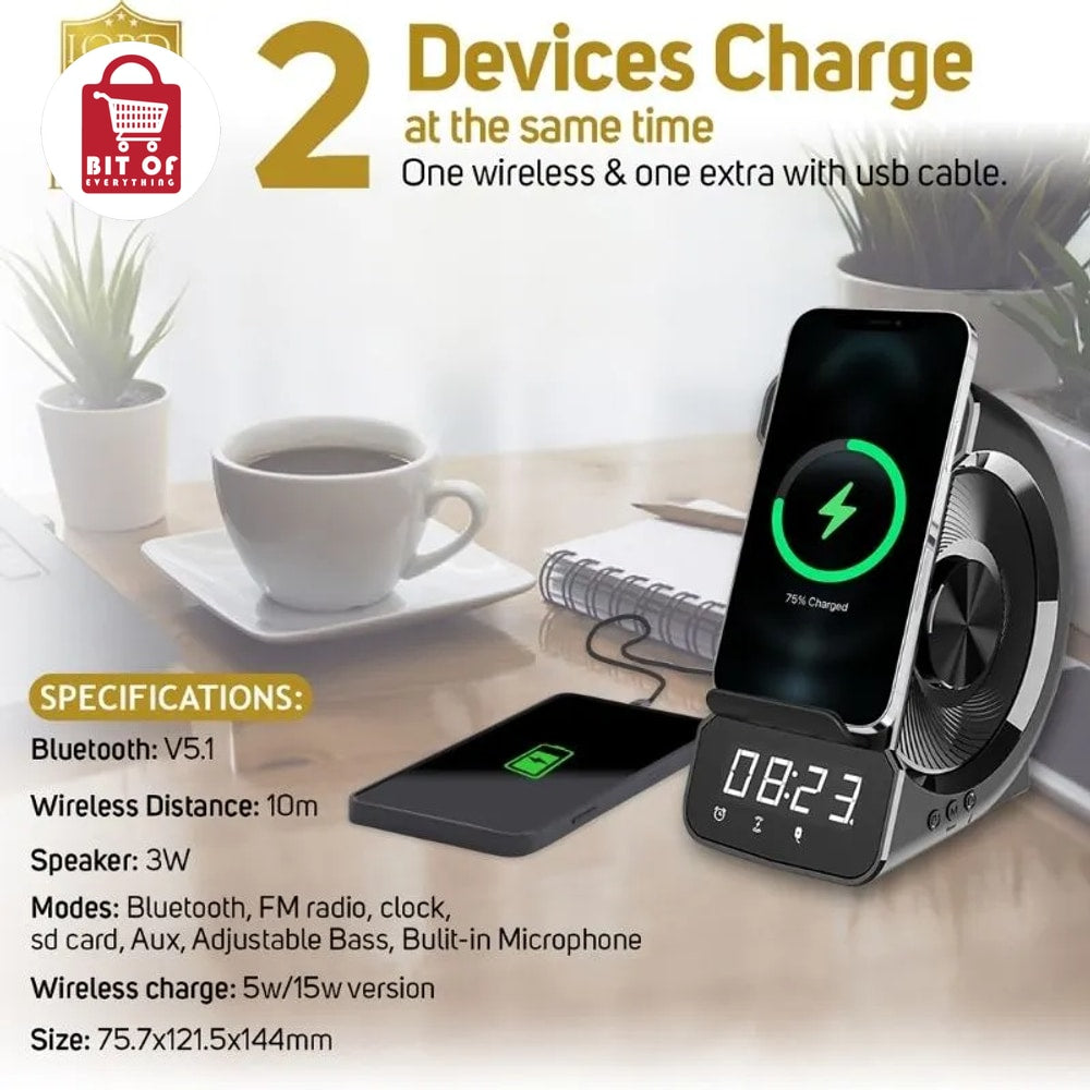 3-in-1 Wireless Charging Station with Bluetooth Speaker and Digital Alarm Clock