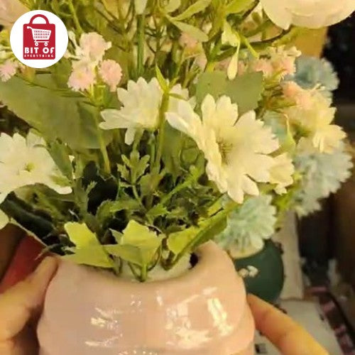 Elegant Ribbed Ceramic Vase with Artificial Rosebud Bouquet - Modern Home Decor Centerpiece