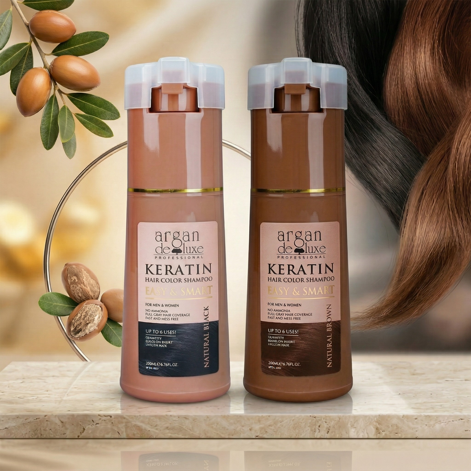 Argan De Luxe Keratin Hair Color Shampoo - Natural Black & Natural Brown | Easy, Smart, No Ammonia