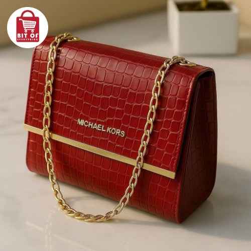 Croc-Embossed Shoulder Bag – Elegant Gold Chain with MK Detail ✨
