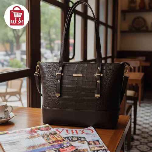 Chic Croc-Textured Shoulder Bag – Faux Leather with Gold Hardware ✨
