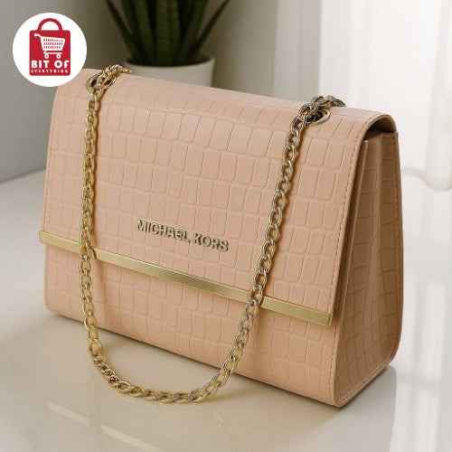 Elegant Croc-Embossed Shoulder Bag – Gold Chain & MK Accent ✨