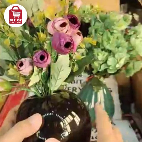 Elegant Ribbed Ceramic Vase with Artificial Rosebud Bouquet - Modern Home Decor Centerpiece
