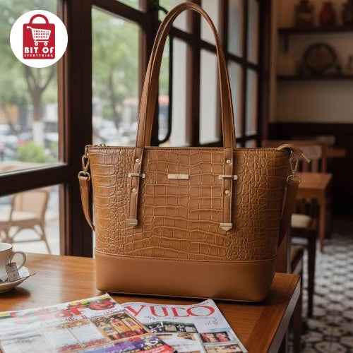 Faux Leather Shoulder Bag – Chic Croc-Textured Design with Gold Hardware ✨